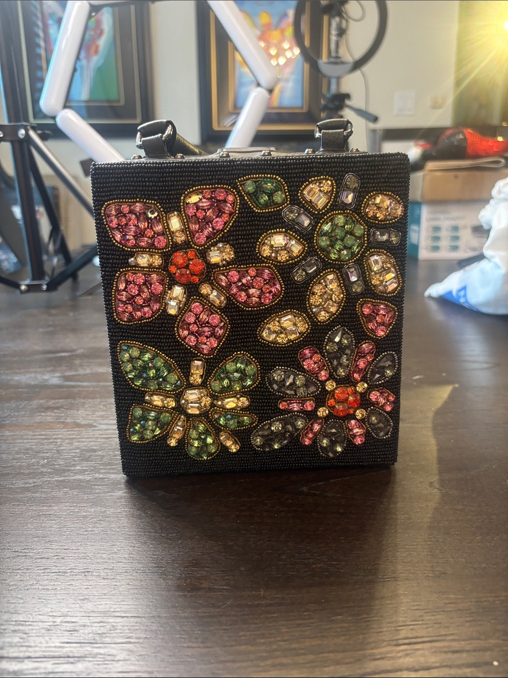 Mary Frances Black Beaded Mini Bag with Multicolor Floral Gems